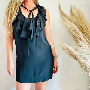 JOIE Black Ruffle Scoop Neck LBD Shift Sheath Mini Tank Top Tie Neck Dress S